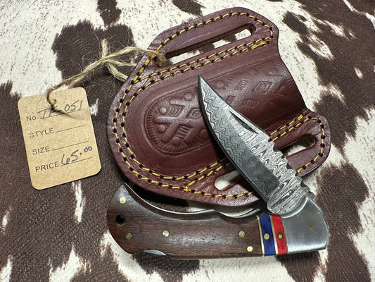 Titan Damascus Steel Walnut and Diamond Wood Pocket Knife